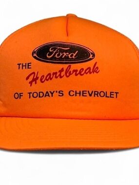 Vtg 80s FORD Heartbreak of Today's Chevrolet Orange Rope Hat Trucker Snapback
